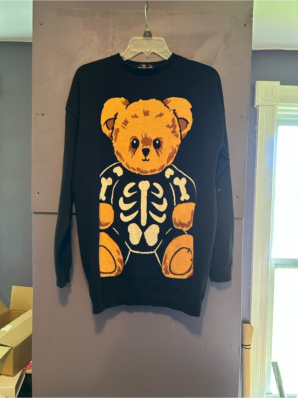 Trickz N' Treatz black sweater with skeleton teddy bear graphic, size XS/S
